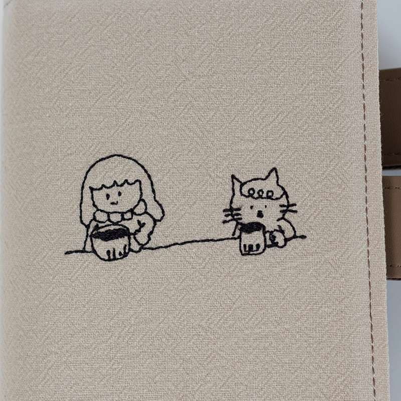 猫と少女の刺繍マイクロファイバーレザー製ブックカバー a5,a6サイズ対応
